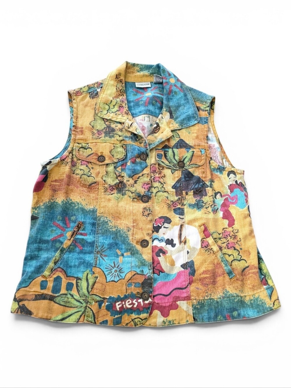 Chico's 1 Linen Blend Art To Wear Print Vest Asian Scenic Button Front Boho